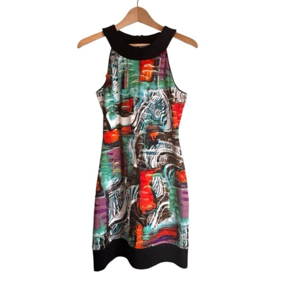 JOSEPH RIBKOFF Dress Ruffle Abstract Pattern Midi Stretch Canadian Made Size 8 - Picture 1 of 7